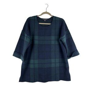 TAHARI Womens 2X Blue and Soft Comfy Green Plaid 3/4 Sleeve Knit Top